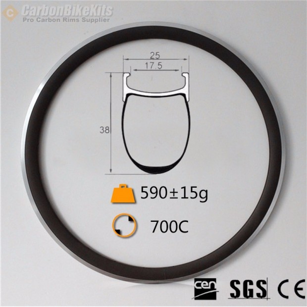 700C 38x25mm Cerchio Clincher in Carbonio con Superficie Frenante in Lega per Bicicletta da Strada